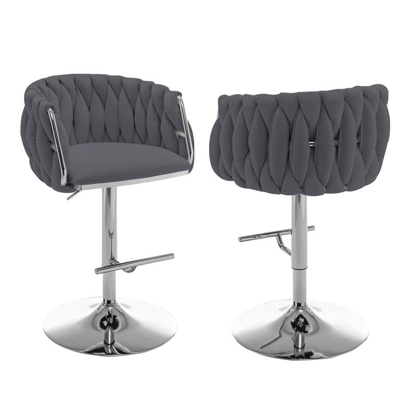 Best Quality Furniture Adjustable Velvet Upholstered Barstool w/ Chrome Finish Base (Set of 2) - Dark Grey / Silver