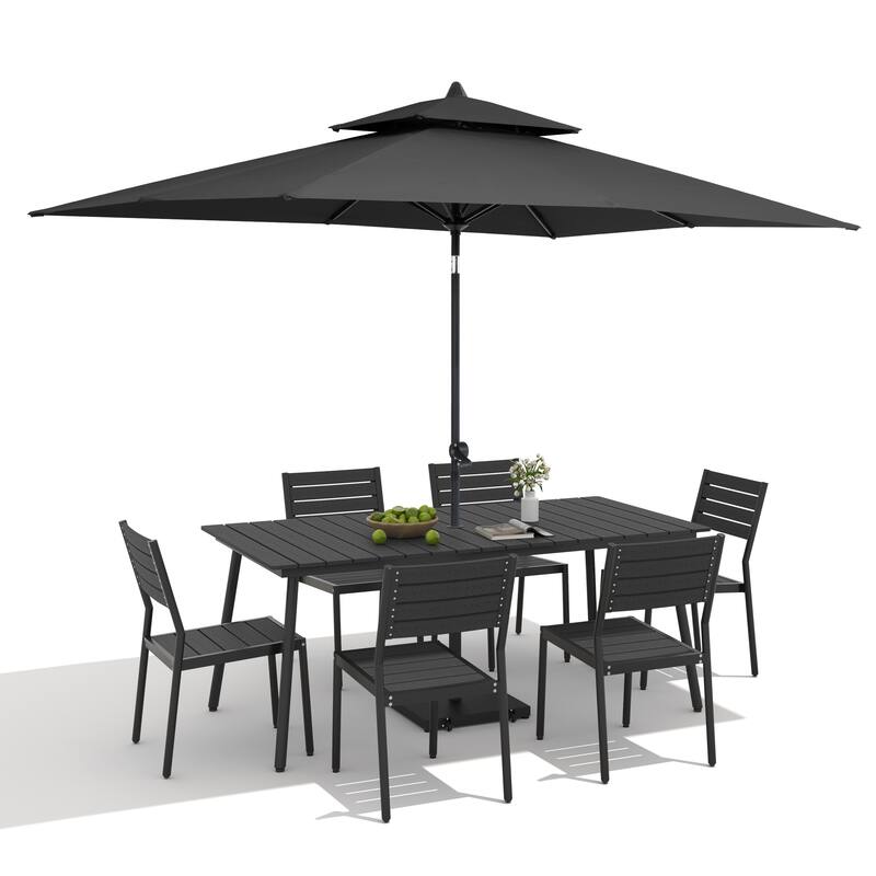 9-Piece Outdoor Patio Dining Set Aluminum Table and 8 Stackable Chairs w/ 10 FT Umbrella with Base
