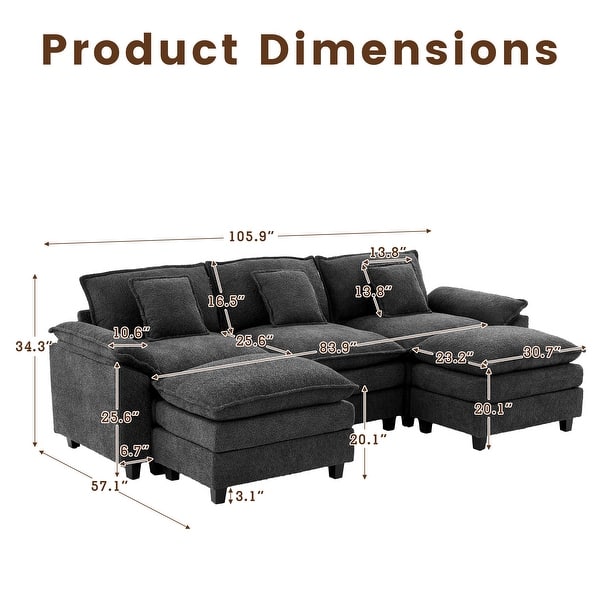 dimension image slide 8 of 17, Modular Cloud Chenille Sectional Sofa with Ottomans, Deep Seat Convertible L-Shaped or U-Shaped Couch
