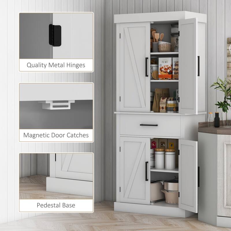 Tall Kitchen Pantry Storage Cabinet, Freestanding Buffet Cabinet with 4 Barn Doors and 5-Tier Adjustable Shelves - White