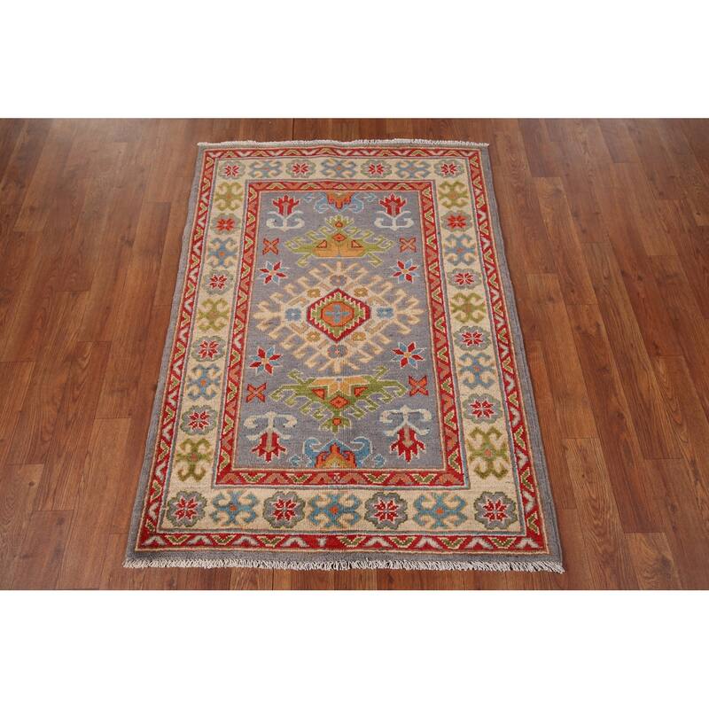 Geometric Gray Kazak Accent Rug Hand-Knotted Wool Carpet - 2'10" x 3'10"
