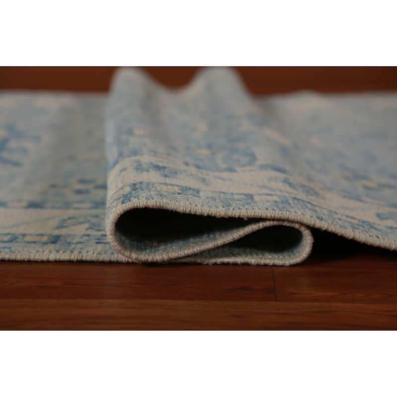 Hand Knotted Oriental 100% Wool Carpet Transitional Geometric Navy Blue & Blues Oushak Runner Rug - 14' 3'' X 2' 11''