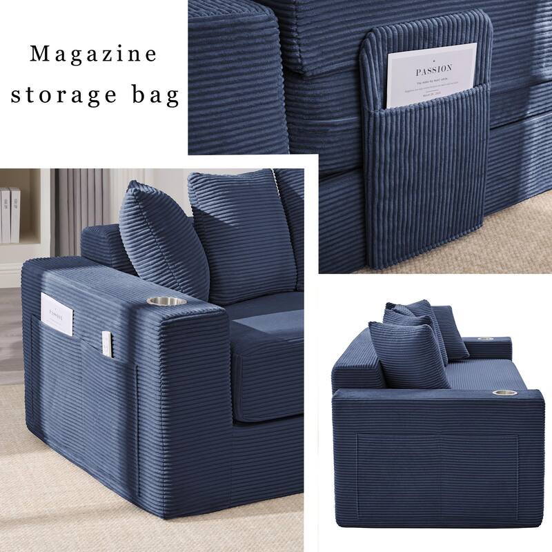 2-in-1 Convertible Sleeper Sofa, Floor Folding Couch, Sofa Bed with Side Pocket, Pull Out Loveseat with Cup Holders