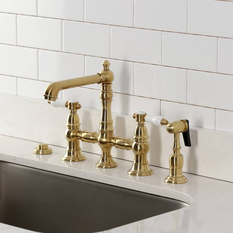 Kingston Brass Bel-Air Two-Handle 4-Hole Deck Mount Bridge Kitchen Faucet with Brass Side Sprayer