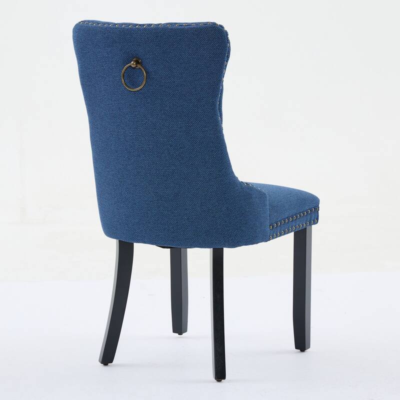 Set of 2 Linen Upholstered Dining Chair with Wood Legs, Nailhead Trim