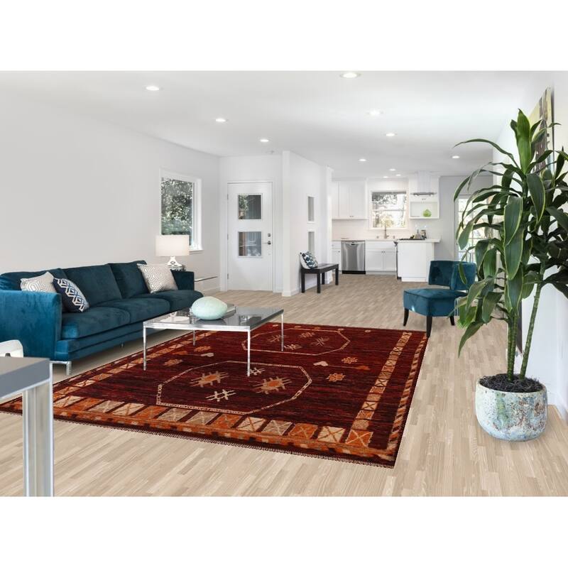 Hand Knotted Oriental 100% Wool Carpet Modern Tribal Red Moroccan Area Rug - 9' 10'' X 7' 0''