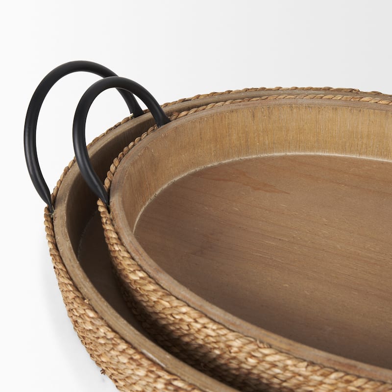 Wheaton Light Brown Wood w/ Natural Jute Serving Trays - 19.8L x 12.3W x 4.8H