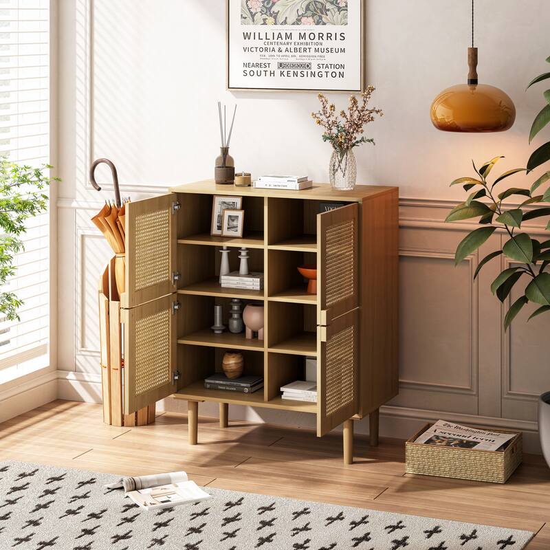 4-Doors Rattan Mesh Storage Cabinet, Sideboard with Eight Storage Spaces, for Entryway, Living Room, Hallway (Natural)