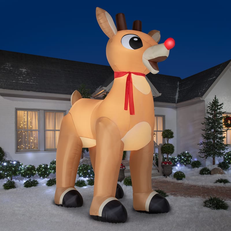 Gemmy Christmas Airblown Inflatable Standing Rudolph w/Scarf Colossal Rudolph, Tall, Brown