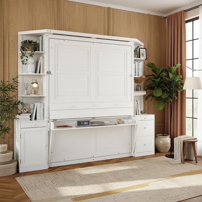 All-in-One Queen Murphy Bed with Desk, Light and Srorage Wall by Harper&Bright Designs - White