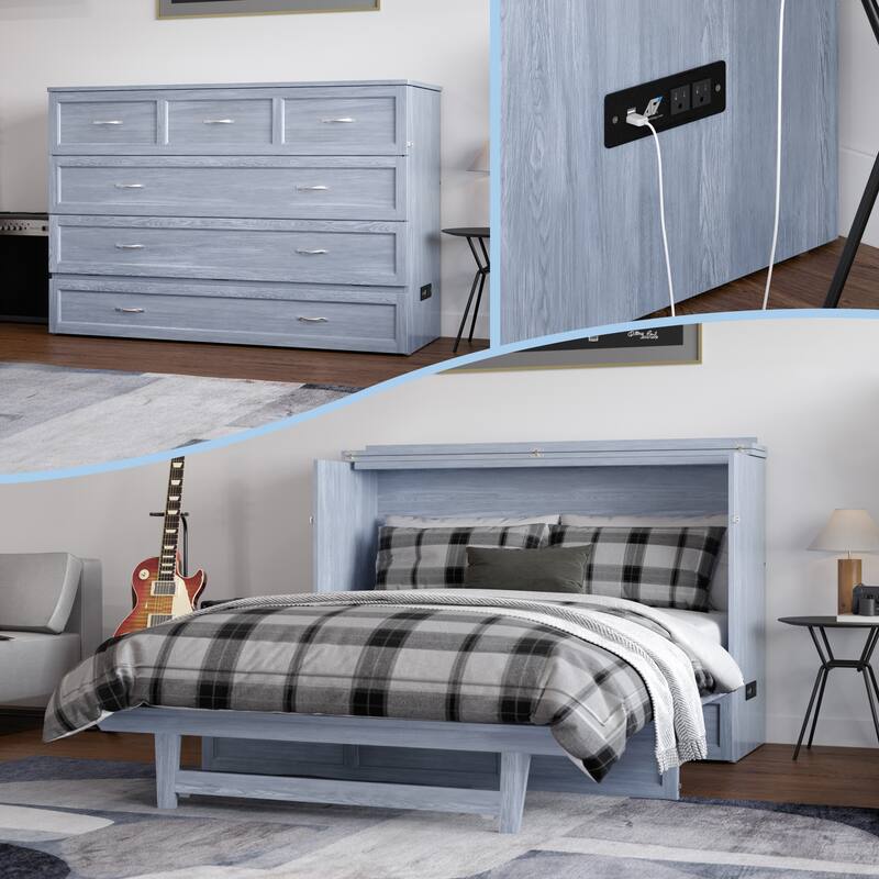 AFI Northfield Murphy Bed Chest with 6" Mattress, Storage Drawer & Built-In Charger - Driftwood - Queen