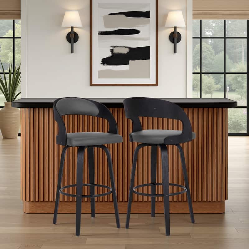 Shelly Mid-Century Swivel Bar Stool, Upholstered Counter Height Chair with Bentwood Legs - Grey & Black - Bar Height - Set of 2