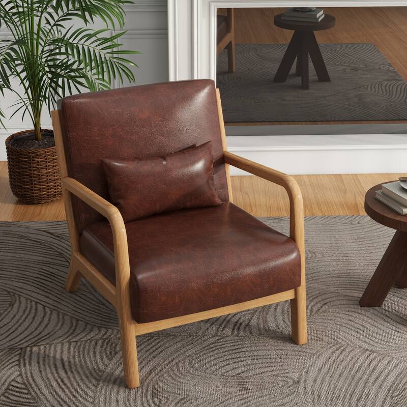 Mid-Century Modern Upholstered Accent Chair with Wood Frame - Natural Wood/PU Leather - Coffee/PU/Natural Wood