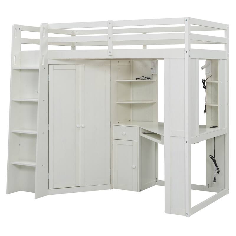 Twin Loft Bed with Integrated Wardrobe, Desk, Charging Station & Spotlights