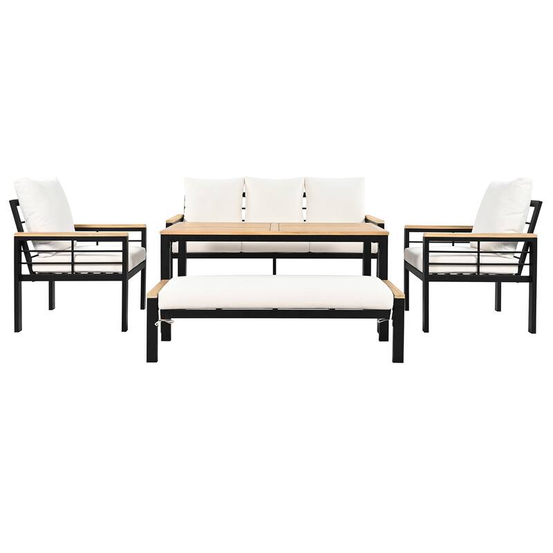 Outdoor 5-Piece Iron Conversation Sofa Set with Coffee Table & Bench