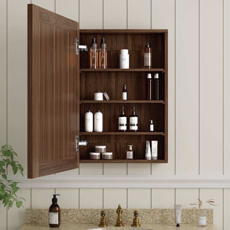 Wood Medicine Cabinet with Mirror, Adjustable Shelves, Walnut, Recessed/Wall Mount