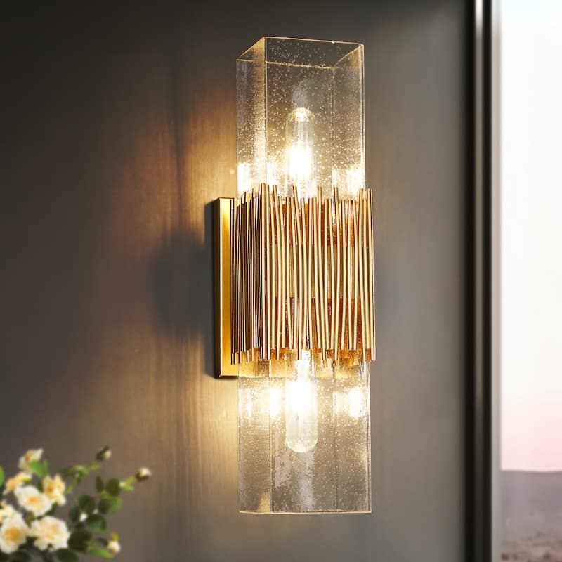Modern Gold 2-Light Rectangle Vanity Light Dimmable Seeded Glass Wall Sconce - 4.7" Wx5.9" Dx17.5" H