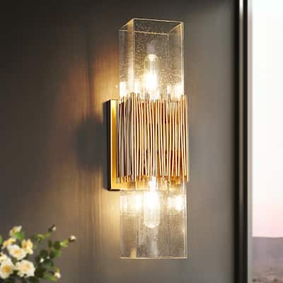 Modern Gold 2-Light Rectangle Vanity Light Dimmable Seeded Glass Wall Sconce - 4.7" Wx5.9" Dx17.5" H