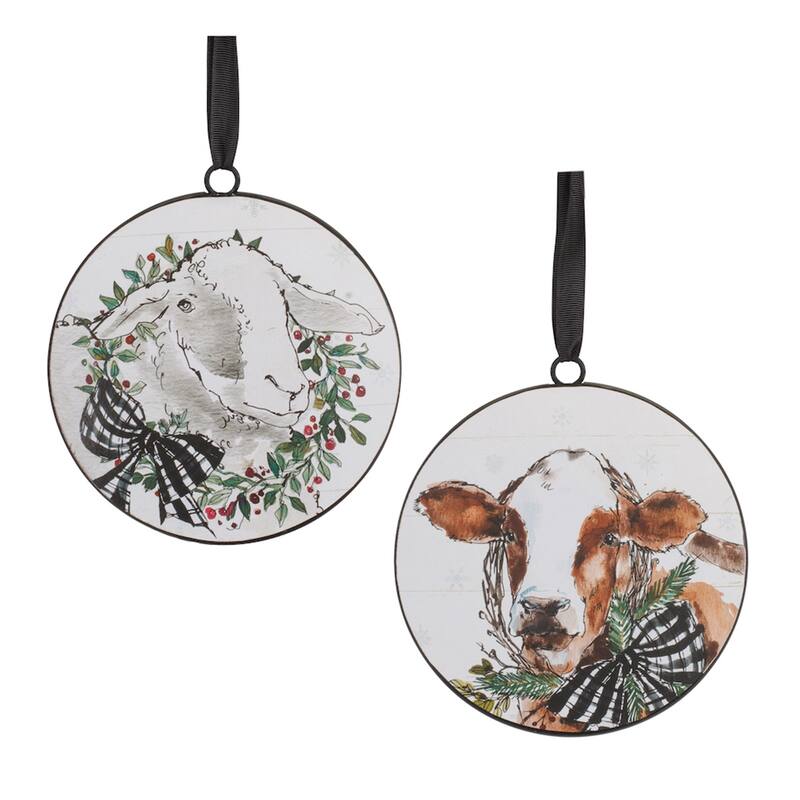 Cow and Sheep Christmas Disc Ornaments - 6.25" - White and Black - 12ct