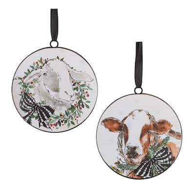 Cow and Sheep Christmas Disc Ornaments - 6.25" - White and Black - 12ct