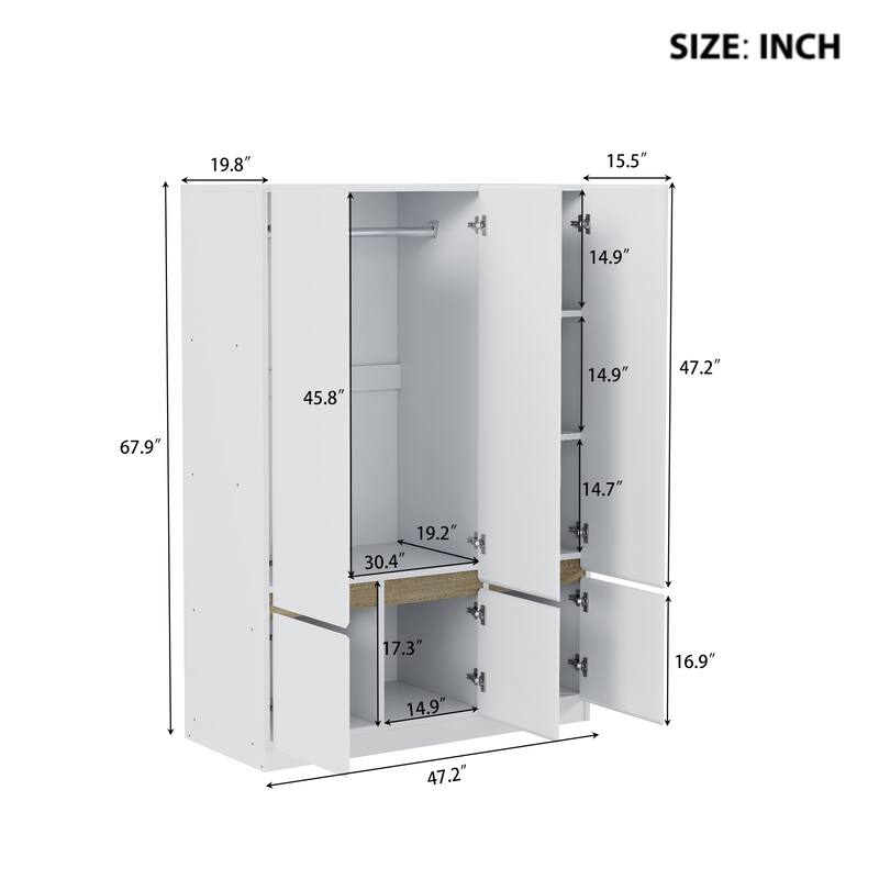 6-Doors Wooden Wardrobe Storage Armoire with Built-in Hanging Rail Clothes Storage Cabinet for Bedroom