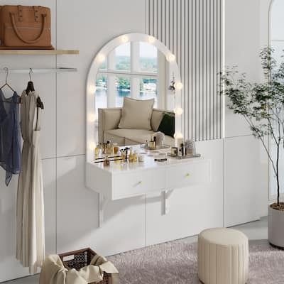 Floating Makeup Vanity Desk with Mirror & 3-Color Lights, Wall Dressing Table with Power Outlet