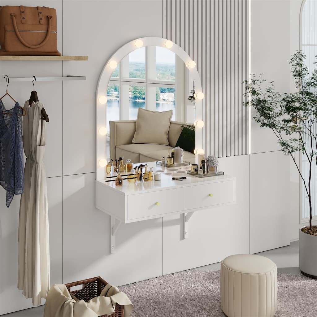 Floating Makeup Vanity Desk with Mirror & 3-Color Lights, Wall Dressing Table with Power Outlet