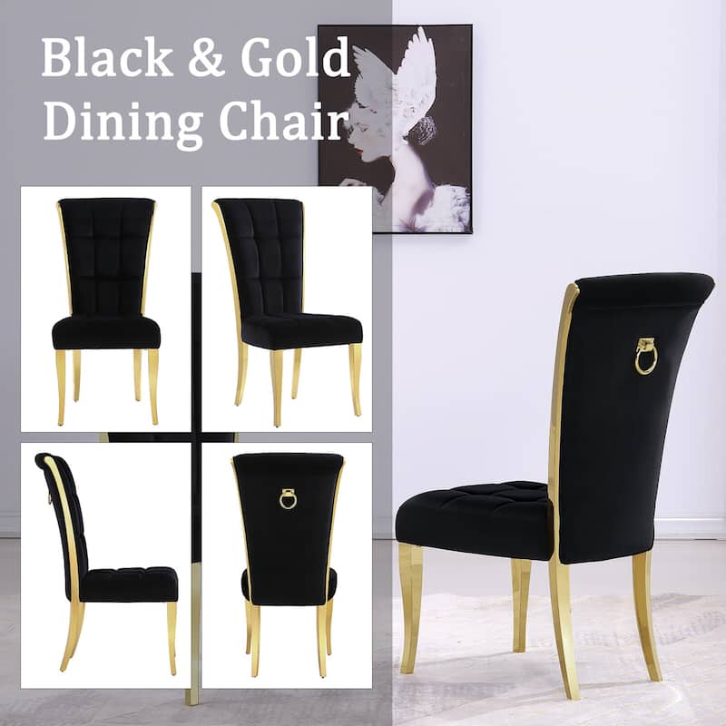 Black Velvet Upholstered Dining Chairs with Gold Legs Set of 2