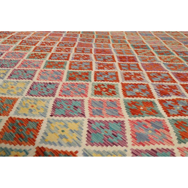 All-Over Trellis Kilim Area Rug Flatweave Wool Carpet - 8'3" x 9'10"