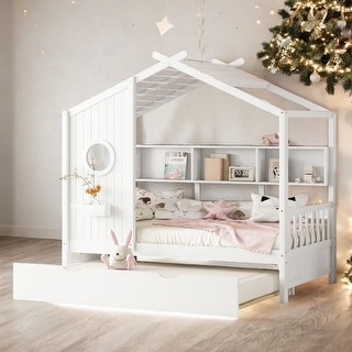 Wooden Twin Size House Bed with Trundle, Modern Design for Kids with Storage Shelf