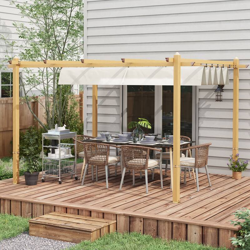 Outsunny 10' x 12' Retractable Pergola Canopy, Wood Grain Aluminum Pergola, Outdoor Sun Shade Shelter for Grill, Garden - Brown