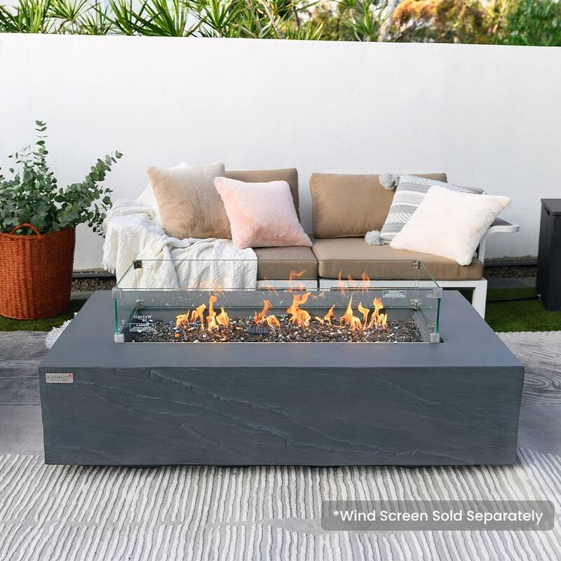 Elementi Plus Meteora Outdoor Fire Pit Table Concrete Rectangular 60000 BTU - 55.9 x 31.9 inches with Lid, Fire Glass, and Cover