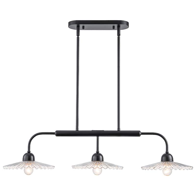 3-Light Black Linear Pendant Light with Pleated Clear Glass Shades - Dia.35.43-in