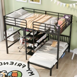 Full Over Twin Metal Bunk Bed with Built-in Desk and Shelves,Minimalist Design
