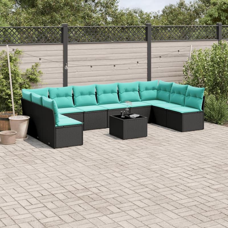 vidaXL 10 Piece Patio Sofa Set with Cushions Black Poly Rattan - 135.4x27.2x67.7-With table