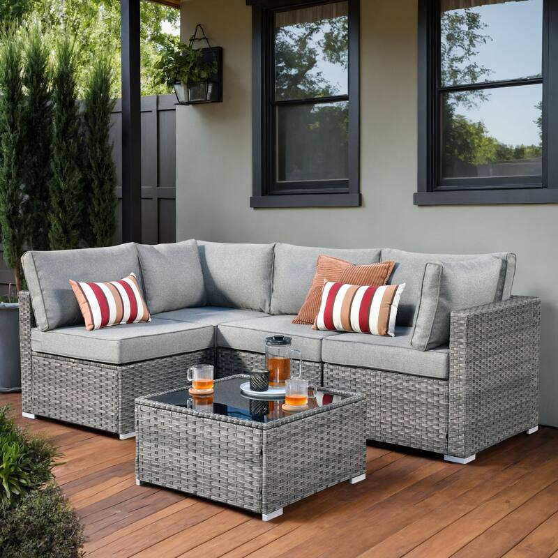 OVIOS 5-Piece Low-profile Deep Seat Wicker Outdoor Patio Furniture Set - Dark Grey