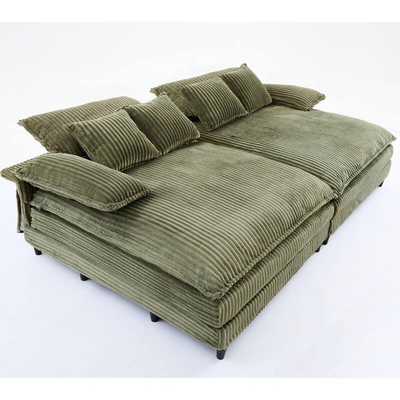 109" W Oversized Corduroy Lounge Chaise Sleeper Sofa 4 Pillows