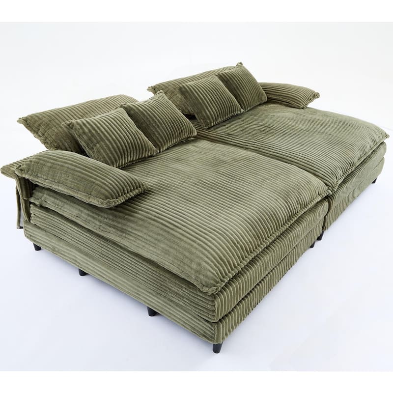 Oversized Double Lounge Chaise Reclining Sleeper Sectional Sofa Bed Corduroy Deep Seat Couch with 4-Gear Adjustable Backrest