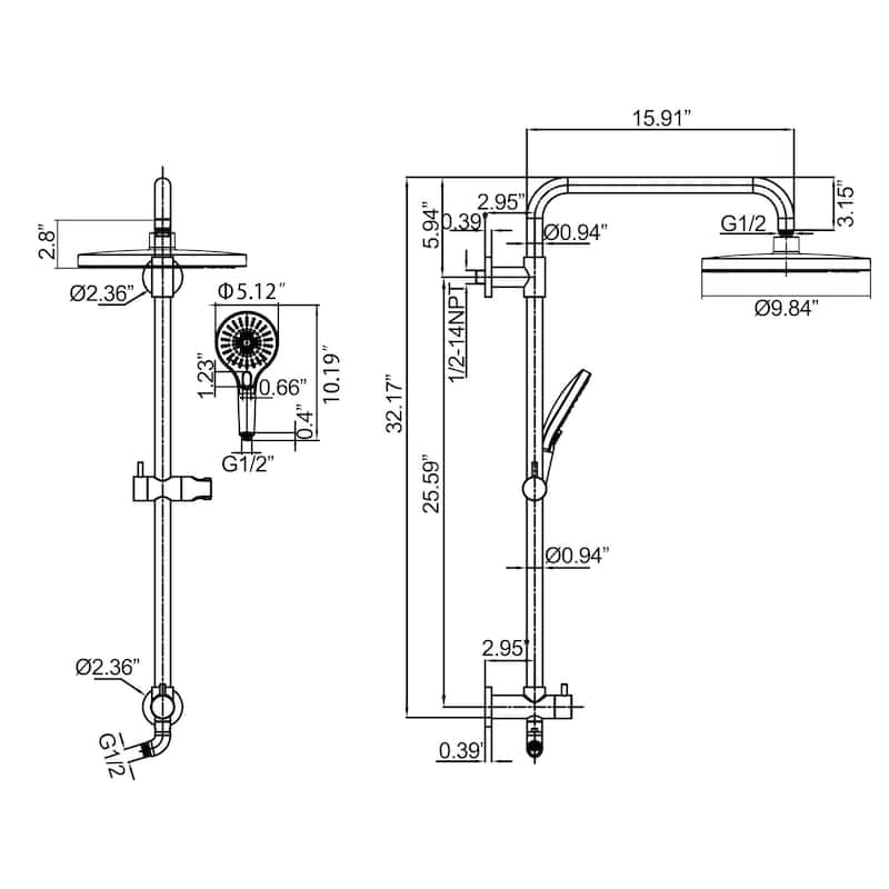 Exposed Pipe Shower System With Handheld Shower 10 Inch Head Matte Black Wall Mounted Shower Faucet Set (Main Body Not Included)