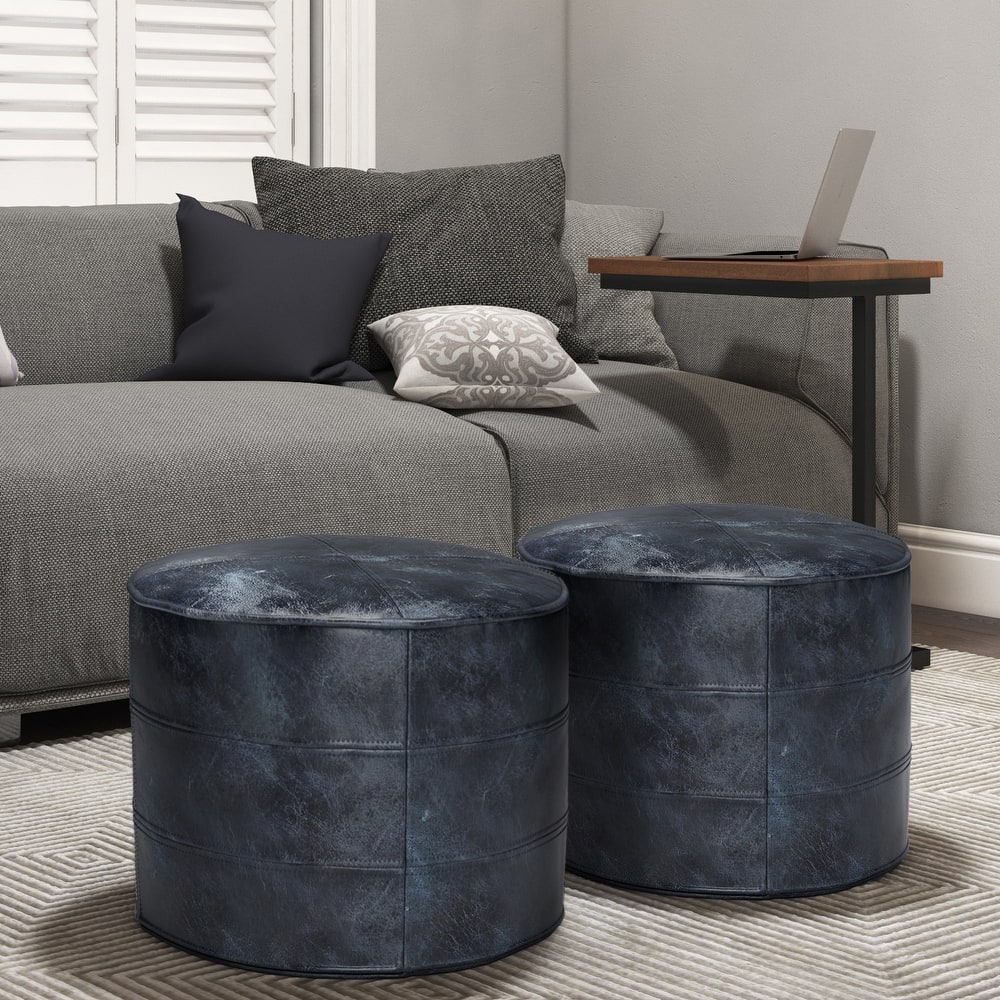 WYNDENHALL Darian Round Pouf in Genuine Leather