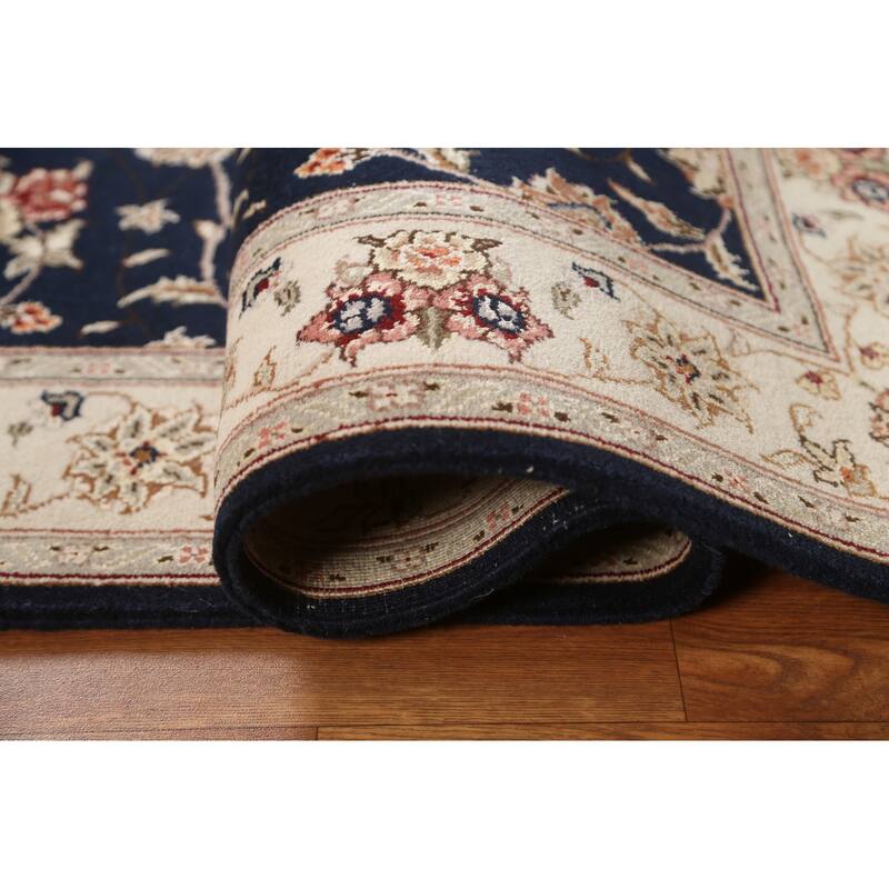 Hand Knotted Oriental Wool & Silk Carpet Traditional Floral Navy Blue & Blues Tabriz Area Rug - 4' 11'' X 3' 1''