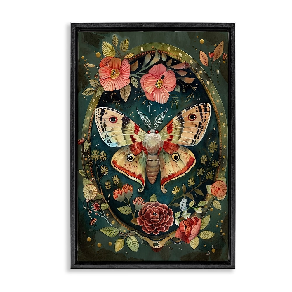 Stupell Victorian Moth & Florals Framed Floater Canvas Wall Art Design By The Dutch Lady