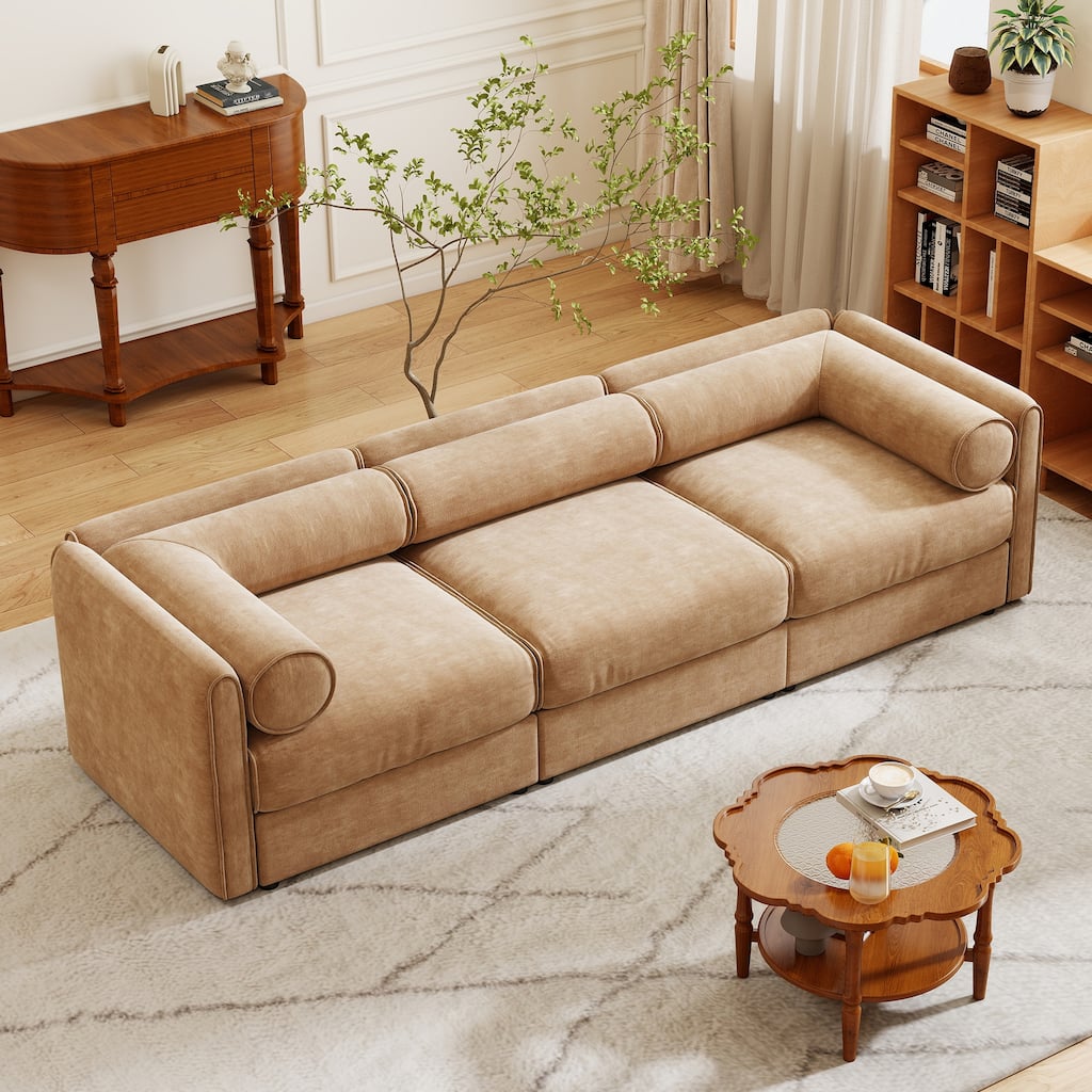 109" Chenille 3-Seater Modular Sofa, Cylindrical Back and Storage Compartment