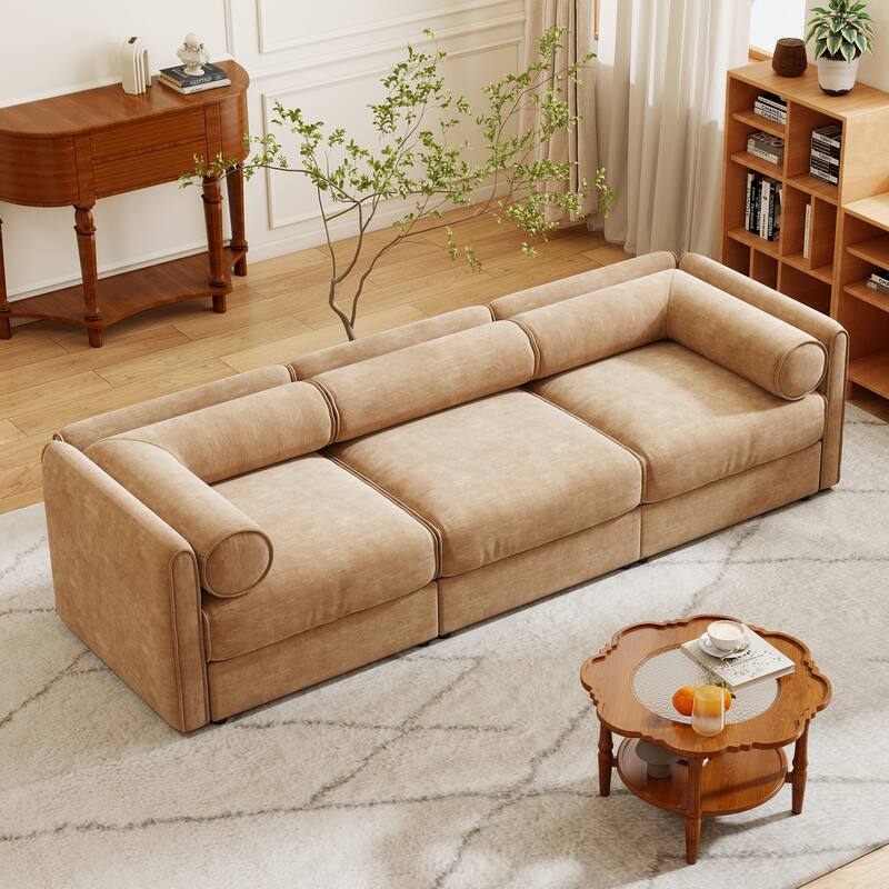 Chenille 3-Seater Sofa with Hidden Storage, Cylindrical Backrests & Armrests, Modern Modular Fabric Upholstered Couch - Camel