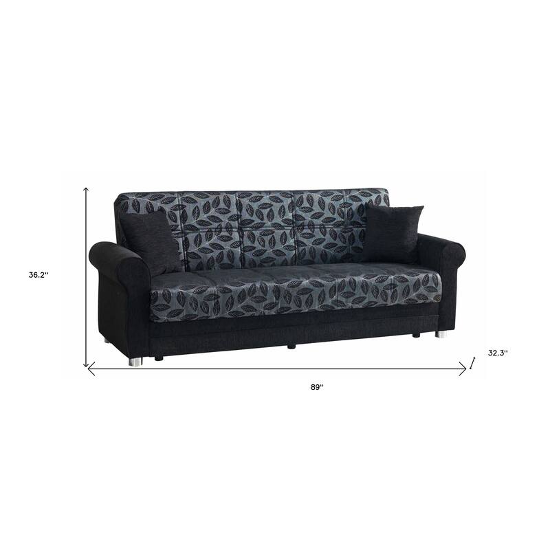 HomeRoots 89" Black Chenille Convertible Futon Sleeper Sofa And Toss Pillows With Storage