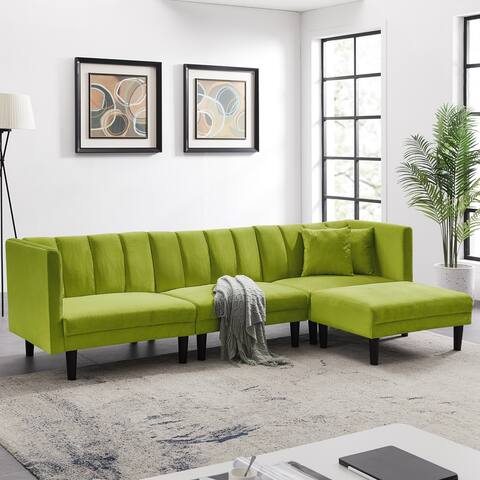 Velvet Split Back Reversible Sectional Sofa Bed Armless Sleeper Manual Recline Couch with Plastic Legs&2 Pillows, Light Green