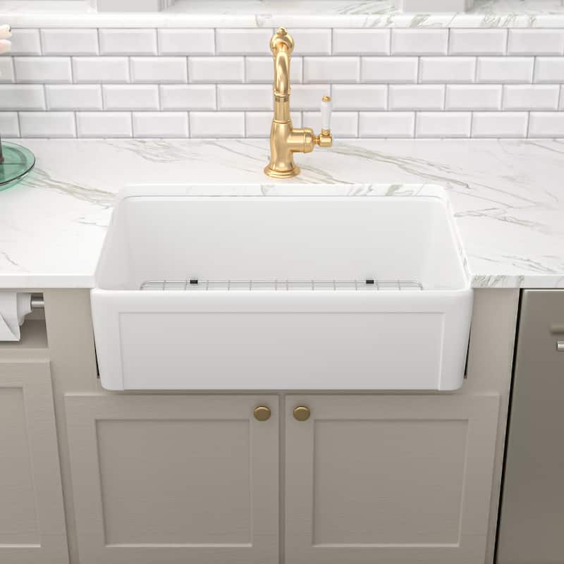 Kichae 33 Inch Ceramic Sink Farmhouse Undermount White Kitchen Sink - 33 in.W x 20 in.D x 10 in.H