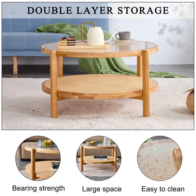 Modern simple circular double-layer solid wood tea table rattan woven Chinese side table suitable for living room