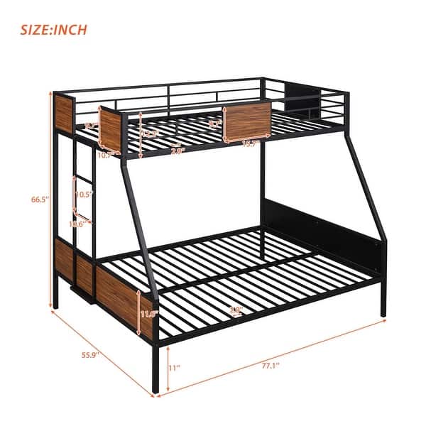 Brown Twin over Full Metal Bunk Bed with Safety Rail, Built-in Ladder