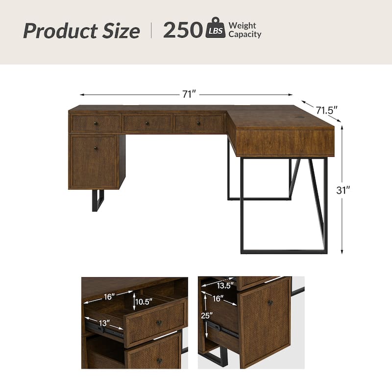 Alfons Industrial L-shaped Lift Top Cane Executive Office Desk with Drawers and Built-In Outlets by HULALA HOME
